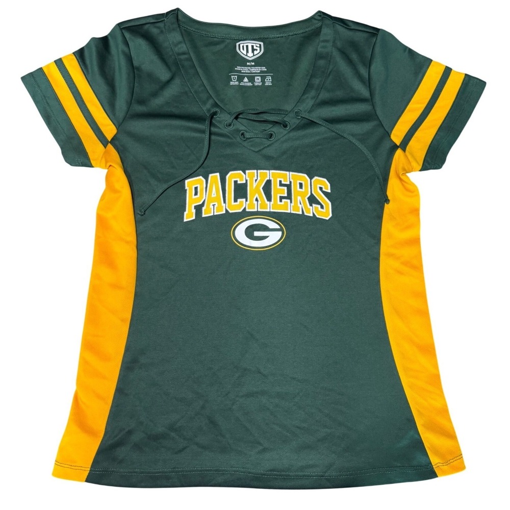 OTS Green Bay Packers Shirt Womens Medium Lace Up V-Neck Green Yellow NFL Jersey